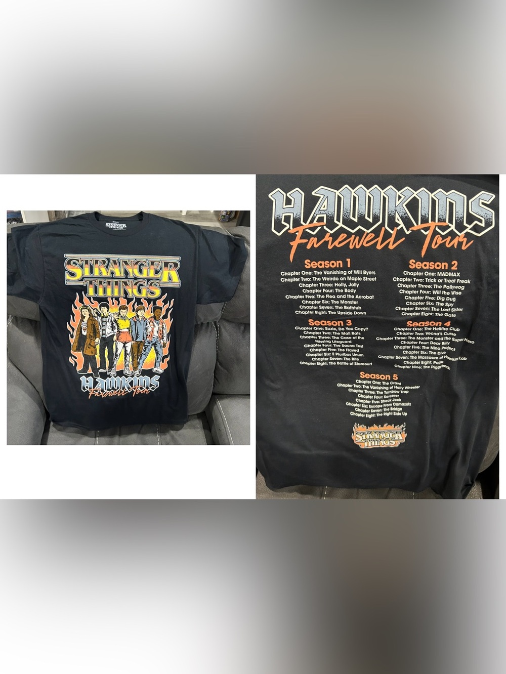 STRANGER THINGS farewell tour t shirt! List of all episodes on the back! Adult M